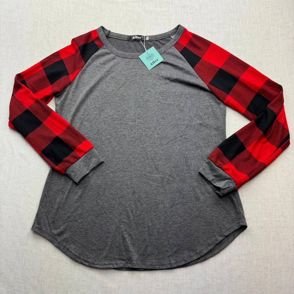 Aifer Raglan Tee Women Medium Grey Red Buffalo Plaid Long Sleeve Casual Top Cozy